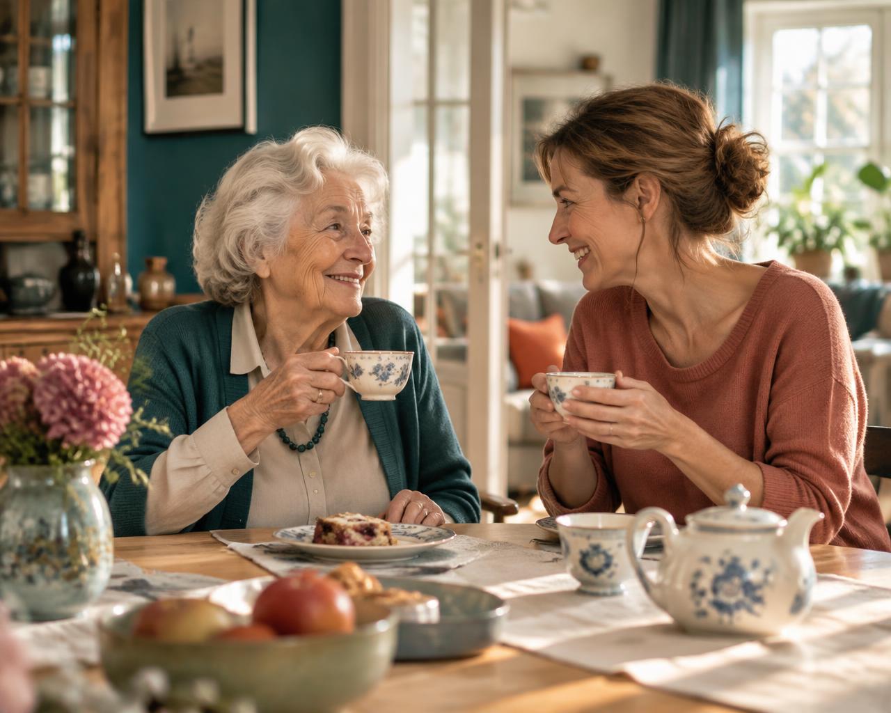 Seniorin und Betreuungskraft bei einer Tasse Tee zuhause